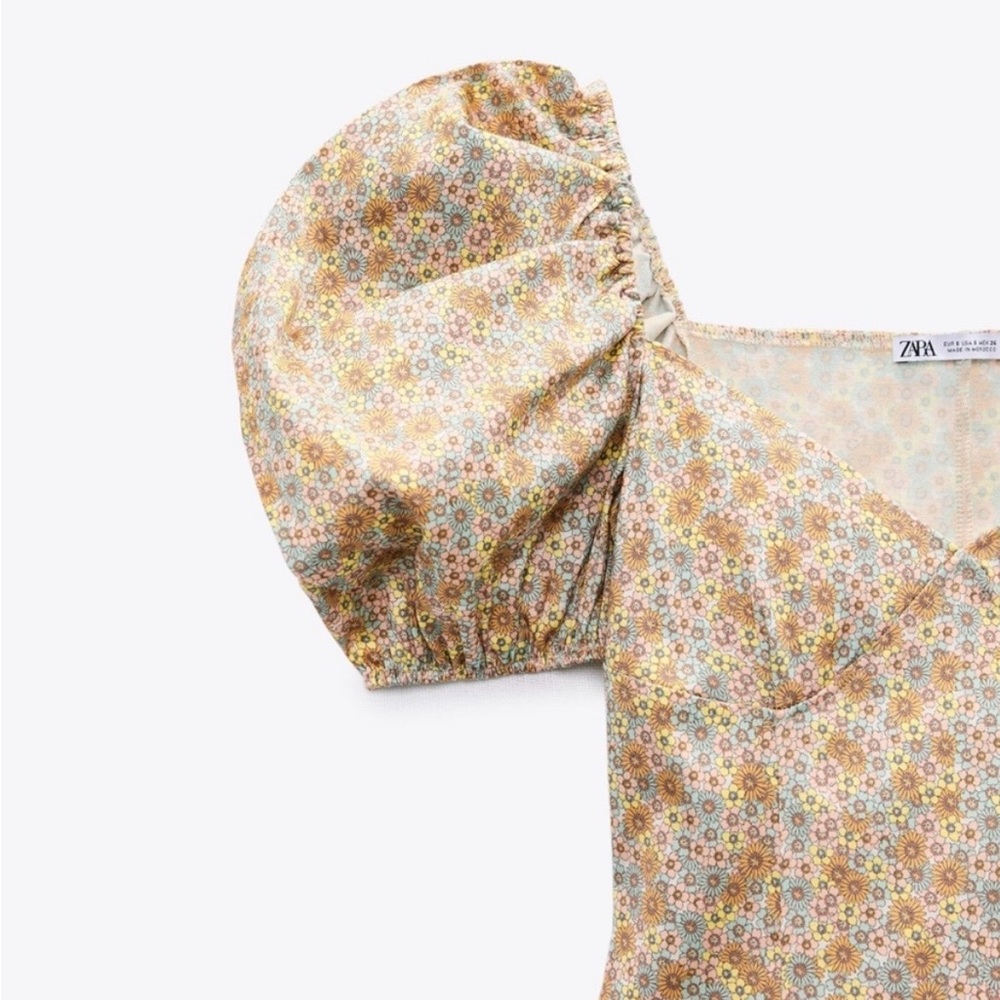 Zara Satin Effect Floral Printed Puff Sleeve Mini Dress Sz Medium - Picture 6 of 12
